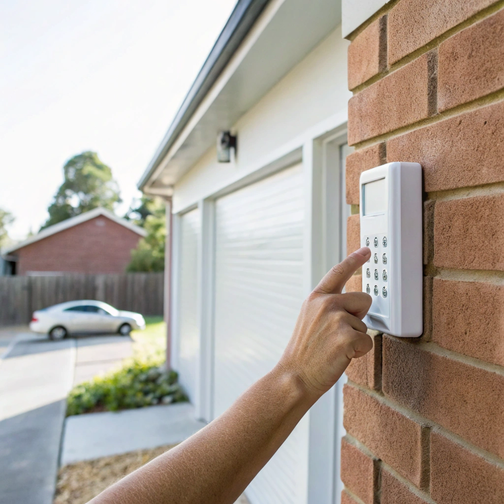 Homeowner using a wireless keypad to access their garage door on the Central Coast