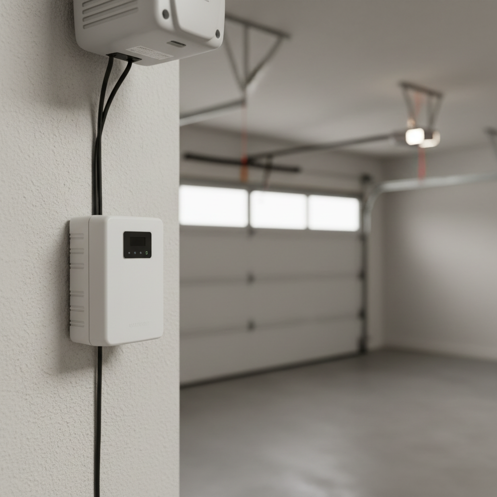 Garage door battery backup unit installed beside an opener motor in a residential garage