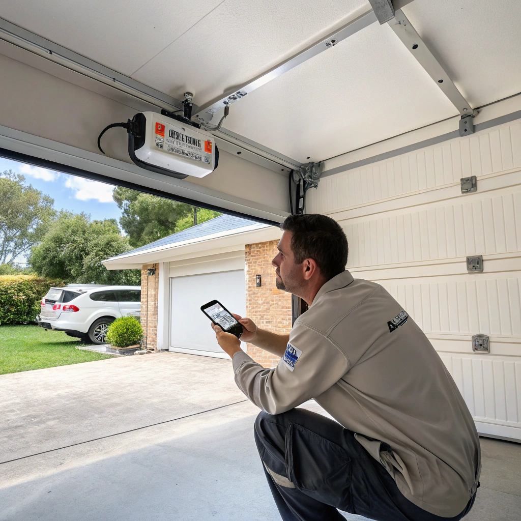 Smart garage door installation Central Coast — technician commissioning Wi-Fi motor